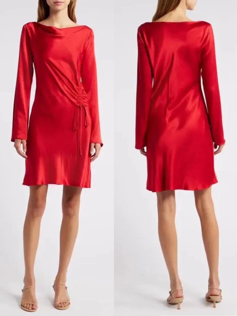 Rails $238 Alessandra Long Sleeve Ruched Satin Red Dress